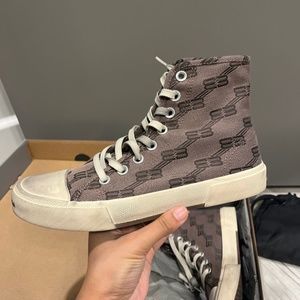 BALENCIAGA PARIS DISTRESSED LOGO-EMBROIDERED CANVAS HIGH TOP SNEAKERS